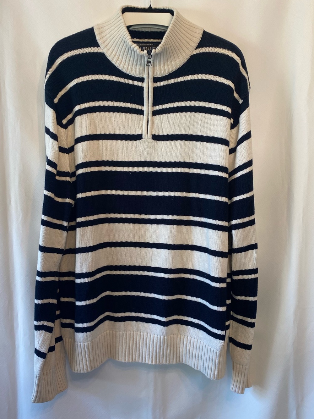 Men's 100% Cotton Preppy Academia Half-Zip Chunky Striped Sweater Navy Cream XL